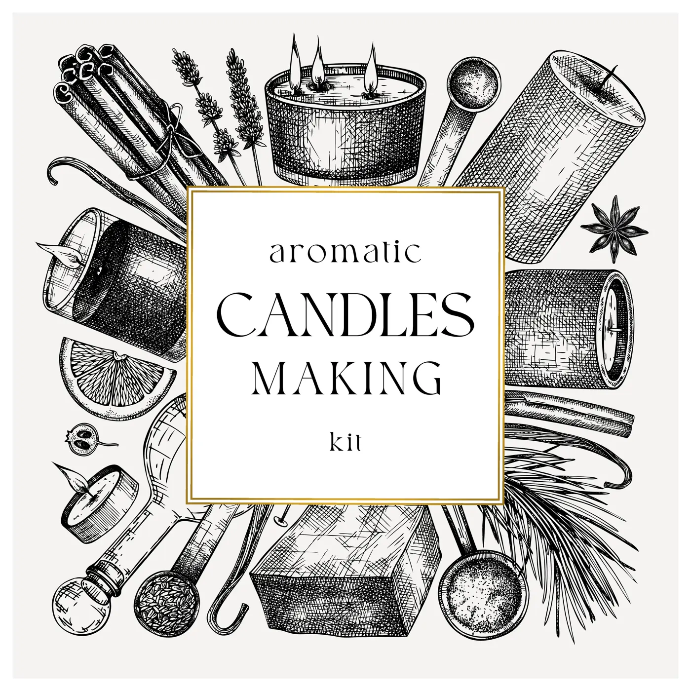 Hand sketched candle-making card design. Vintage candles, herbs, wax, fruits, spices, skewers hand drawings square wreath. Perfect template for aromatherapy, hobby, handcrafts, candle making, package Illustration